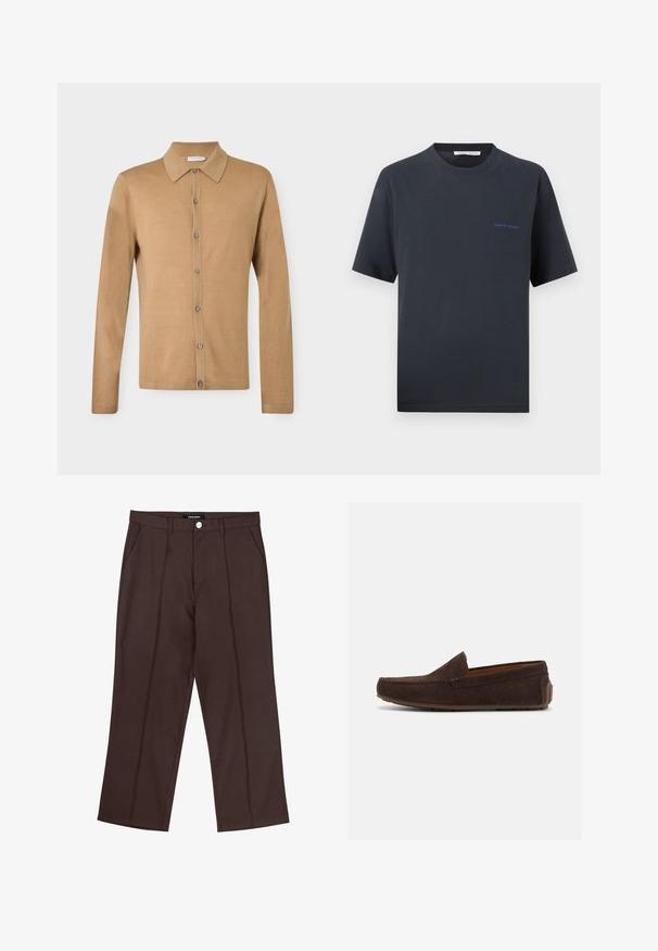Beiges Langarmhemd zum Knöpfen mit spitzem Kragen, vorderen Knöpfen und geradem Saum, vor einfarbigem Hintergrund präsentiert.; Schwarzes T-Shirt mit kurzen Ärmeln und Rundhalsausschnitt, mit kleinem blauem "Tiger of Sweden"-Logo auf der linken Brust vor einfarbigem Hintergrund.; Braune gerade geschnittene Hose mit vorderen Falten, Seitentaschen, Gürtelschlaufen und einem markierten Knopfverschluss an der Taille.; Dunkelbrauner Veloursleder-Slipper mit niedrigem Absatz, Steppnähten und Gummisohle vor einfachem weißem Hintergrund.