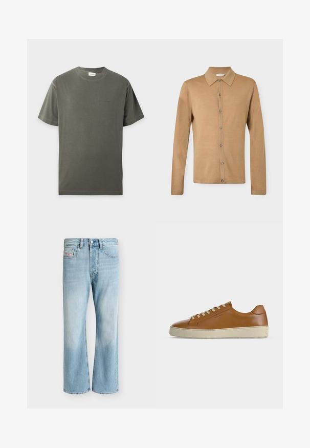 Chemise beige à manches longues avec boutons, col pointu, boutons à l'avant et ourlet droit, présentée sur un fond uni.; T-shirt uni vert olive à manches courtes et col rond avec un logo discret sur la poitrine, présenté sur un fond gris clair.; Jean en denim bleu clair avec cinq poches et une coupe droite, présenté sur un fond blanc uni.; Baskets basses en cuir marron avec lacets crème et semelle épaisse en caoutchouc crème, vues de profil sur fond blanc.