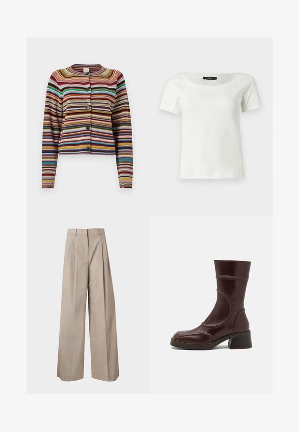 Gestreifter Cardigan mit rundem Ausschnitt, Knopfverschluss und langen Ärmeln. Hergestellt aus geripptem Stoff in verschiedenen Farben, darunter Braun, Rot und Blau.; Weißes Damenoberteil aus Baumwolle mit kurzen Ärmeln und weitem Rundhalsausschnitt vor einfarbig hellem Hintergrund.; Beige weite Hose mit hoher Taille, Gürtelschlaufen, Seitentaschen und vorderen Falten, auf einem schlichten hellen Hintergrund gezeigt.; MIISTA MALENE - Stiefelette - brown