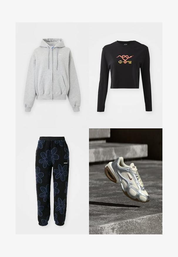 Lysegrå hættetrøje med lynlås foran, forlommer, snørrehætte, ribstrikkede manchetter og kant samt lille hvid Nike-logo på brystet.; Sort langærmet crop top lavet af bomuld. Har et farverigt grafisk motiv af en slange og en nøgle på forsiden. Enkel design med rund hals.; Fleece joggers med sort baggrund og mørkeblå blomsterdesign. Har en elastisk talje og sidelommer. Blød tekstur.; Krem- og metallisk sølv atletiksneaker, der svæver over betontrapper med brune gummisåler og Nike-logo.