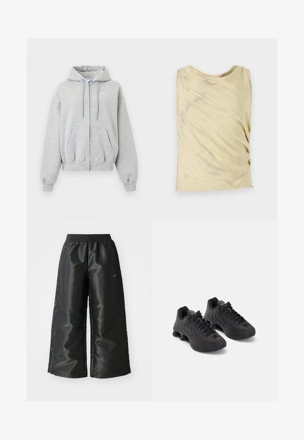 Lysegrå hættetrøje med lynlås foran, forlommer, snørrehætte, ribstrikkede manchetter og kant samt lille hvid Nike-logo på brystet.; Lys gul ærmeløs top med draperet design og subtil marmorering. Har en afslappet pasform og rund halsudskæring.; Sorte sportsbukser i et blankt, glat stof med en elastisk talje, brede ben og et lille logo på venstre side.; Sorte atletiske sko med en glat syntetisk overdel, teksturerede detaljer, snørebåndsdesign og synlig fjederaffjedring ved hælen.