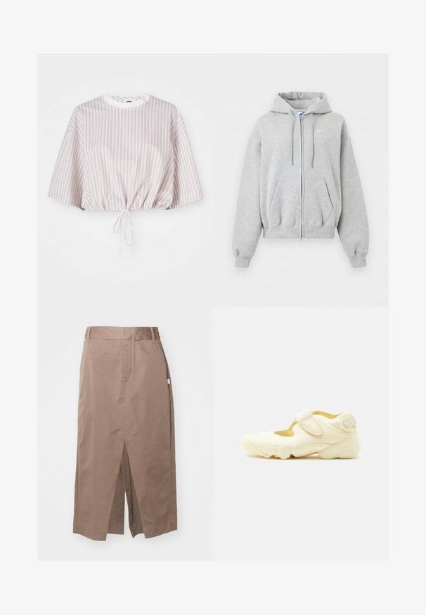 Helehall tulev lukuga pusas esitaskute, paeltega kapuutsi, soonikutega varruka- ja alaäärega ning väike valge Nike logo rinnal.; Lühikeste varrukatega lühike topp helesinise ja valge vertikaalsete triipudega. Varustatud nööriga alumises servas, et reguleerida sobivust.; Pruun puuvillane seelik otsejoonisega, millel on ees lõhik, küljetaskud ja tavaline vöökoht. Sile tekstuur ja kohandatud õmblused.; Beež sportjalanõu paksu tallaga, lõikekujundusega ja kahe reguleeritava takjakinnitusega valgel taustal.