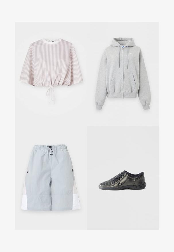 Helehall tulev lukuga pusas esitaskute, paeltega kapuutsi, soonikutega varruka- ja alaäärega ning väike valge Nike logo rinnal.; Lühikeste varrukatega lühike topp helesinise ja valge vertikaalsete triipudega. Varustatud nööriga alumises servas, et reguleerida sobivust.; Helehallid spordipüksid valgete küljetaskute, elastse vöörihma ja musta paelasilmusega, esitletud lihtsalt taustal.; Mustad mustad Nike'i spordijalats mustade nööpide ja tikanditega ning tekstuurse tallaga, valge ühtlase tausta peale.