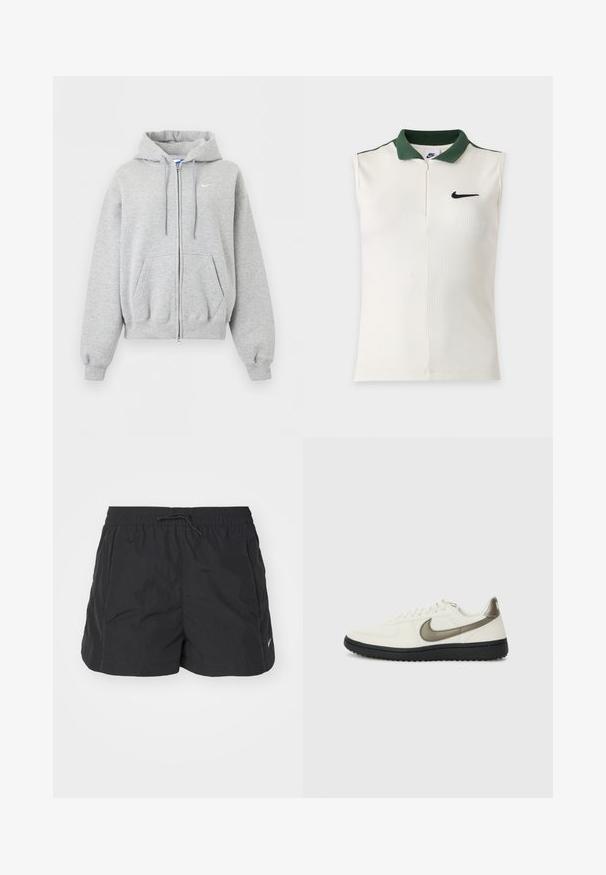 Svetlosivá mikina na zips s kapucňou, prednými vreckami, šnúrkou na kapucni, rebrovanými manžetami a spodným lemom a malým bielym logom Nike na hrudi.; Biely bezrukávnik Nike s rebrovanou textúrou, tmavozeleným golierom, polovičným zipsom a čiernym logom Nike na hrudi.; Čierne atletické šortky vyrobené z ľahkého materiálu, s elastickým pásom na šnúrku, bočnými vreckami a malým logom ako akcentom.; Nike Sportswear FIELD GENERAL - Tenisky - off-white/black