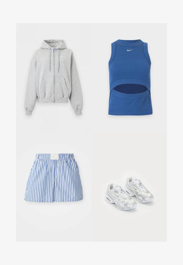 Helehall tulev lukuga pusas esitaskute, paeltega kapuutsi, soonikutega varruka- ja alaäärega ning väike valge Nike logo rinnal.; Sinine varrukateta Nike lühike top kõrge kaelusega ja kõhu lõikega, soonikkoega, valge Swooshi logoga ees keskel.; Sinine ja valge triibuline lühike püks, elastse vöökoha ja Nike logo sisaldava sildiga. Valmistatud kerge ja siledapinnalisest kangast.; Valged spordijalatsid, millel on võrgust ülemine osa, hõbedased aktsendid, ainulaadne kuju ja õhupehmendus kandades. Sidekummiga disain koos logoga.