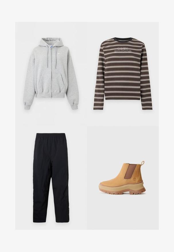 Lysegrå hættetrøje med lynlås foran, forlommer, snørrehætte, ribstrikkede manchetter og kant samt lille hvid Nike-logo på brystet.; Brun og sort stribet langærmet skjorte med hvidt "OBEY STUDIOS"-tekst broderet på brystet, rund hals.; Sort elastiske casual bukser med lige ben og trykknapper ved anklerne på hvid baggrund.; Brune læder ankelstøvle med elastiske sidepaneler, afrundet tå og tyk gummisål med dyb profil; har en trækstrop bag på hælen.