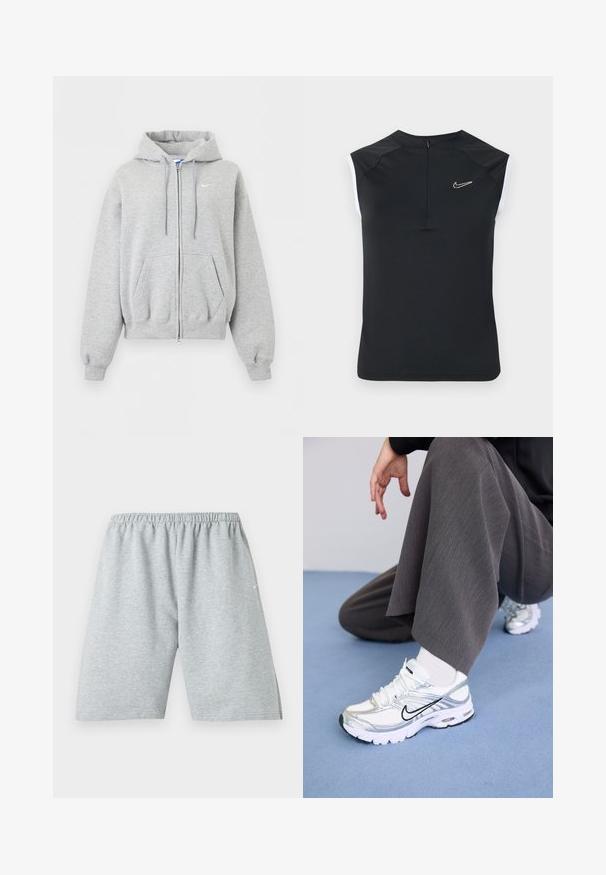 Lichtgrijze hoodie met ritssluiting, voorzakken, aantrekkoordje in de capuchon, geribde boorden en zoom en klein wit Nike-logo op de borst.; Zwarte mouwloze sporttop met een hoge kraag, voorzien van een klein wit Nike-logo op de borst en contrasterende witte accenten bij de armsgaten.; Lichtgrijze atletische shorts tot over de knie met elastische tailleband en klein wit logo op het linkerbeen.; Witte en zilveren sport schoenen van mesh en synthetische materialen, met zwarte accentlijnen, veters en gestructureerde zolen.