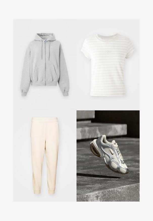 Sudadera con capucha y cremallera en gris claro, con bolsillos delanteros, capucha con cordón, puños y bajo ribeteados, y pequeño logo blanco de Nike en el pecho.; Camiseta de tirantes cortos a rayas blancas, hecha de algodón suave. Presenta un cuello redondo y un pequeño logo de Nike bordado en el pecho.; Pantalones de chándal beige, ajustados en la parte inferior, hechos de una tela suave, con una cintura elástica y puños ajustados en los tobillos. Diseño minimalista, sin patrones visibles.; Zapatilla deportiva en crema y plata metálica flotando sobre escalones de concreto con suelas de goma marrón y logotipo de Nike.