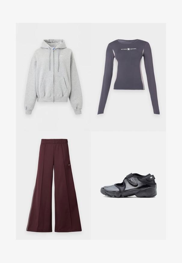 Vaaleanharmaa vetoketjullinen huppari etutaskuilla, kiristysnarulla varustettu huppu, resorit hihansuissa ja helmassa sekä pieni valkoinen Nike-logo rinnassa.; Musta harmaa pitkähihaise urheilupaita, jossa on vaaleanharmaat sivupaneelit ja valkoinen "Nike Shox" -logo rinnassa.; Bordeaux leveled-leg-housut sileästä kankaasta, jossa on joustava vyötärö ja valkoiset sivupinnat. Oikealla reidessä on pieni Nike-logo.; Musta Nike Air -kengät, joissa on kiiltävä pinta, säädettävät tarranauhat ja sivuilla leikatut huollot, sivuprofiili yksinkertaisella taustalla.