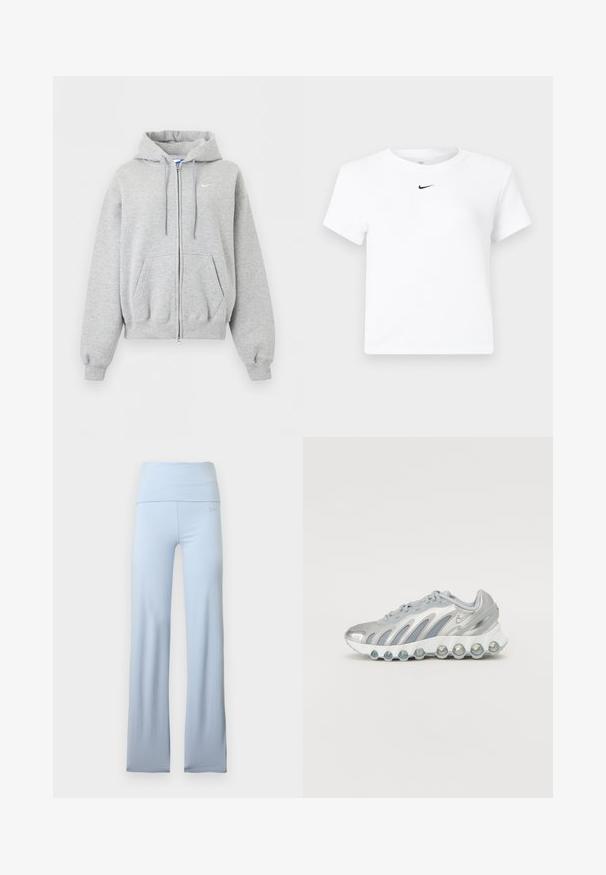 Lysegrå hættetrøje med lynlås foran, forlommer, snørrehætte, ribstrikkede manchetter og kant samt lille hvid Nike-logo på brystet.; Hvid Nike cropped T-shirt med korte ærmer og en lille sort Nike swoosh-logo centreret under nakkekanten.; Lyseblå udvidede yogabukser med bred linning, glat tekstur og subtilt mærkelogo nær hoften. Ingen mønstre eller hardware-detaljer.; Sølv- og grå sportsko med en mesh-overdel, buet design og en unik rund sål med gennemsigtige stødabsorberende elementer.
