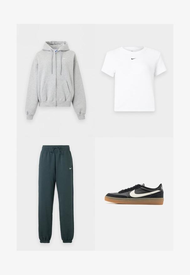 Svetlosivá mikina na zips s kapucňou, prednými vreckami, šnúrkou na kapucni, rebrovanými manžetami a spodným lemom a malým bielym logom Nike na hrudi.; Biele krátke tričko značky Nike s krátkym rukávom a zrezaným strihom, s malým čiernym logom Nike swoosh umiestneným pod výstrihom uprostred.; Tmavo zelené Nike jogger nohavice vyrobené z mäkkej tkaniny, s elastickým pásom a nastaviteľnou šnúrkou, s elastickými manžetami.; Čierna atletická obuv s textúrovaným koženým vrchom, bielym logom Swoosh a gumovou podrážkou. Šnurovací dizajn s polstrovaním v oblasti goliera.