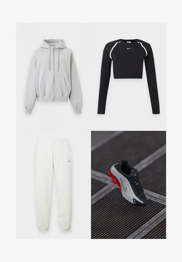 Helehall tulev lukuga pusas esitaskute, paeltega kapuutsi, soonikutega varruka- ja alaäärega ning väike valge Nike logo rinnal.; Mustad musta pikkade varrukatega lühike sportlik topp valgete kaarekujuliste õlavarre triipudega ja väikese valge Nike swoosh logo'ga rinnas.; Heledatad hallid Nike dressipüksid elastse vöökohaga, kitsenevate mansettidega ja väikese musta logoga vasakul reiel. Pehme, tekstuuriga kangas.; Mustmustase mustvarustuse must-hall jalats punase pehme tallaga, mustade paelte ja Swooshi logoga, asetatud metallvõre pinnale.