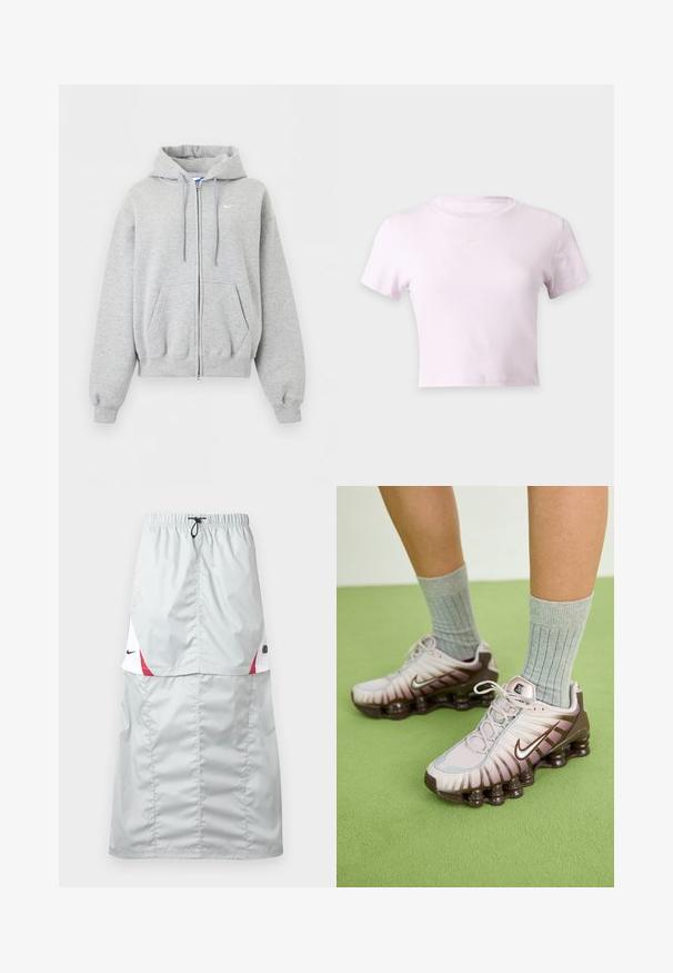 Lichtgrijze hoodie met ritssluiting, voorzakken, aantrekkoordje in de capuchon, geribde boorden en zoom en klein wit Nike-logo op de borst.; Lichtroze cropped Nike t-shirt met korte mouwen en een klein wit Nike swoosh-logo, gecentreerd onder de halslijn.; Lichtgrijze, lange sportrok van glanzend, glad materiaal; met rode en witte accenten, elastische tailleband en Nike-logo aan de zijkant.; Nike-sneakers in lichtroze en bruin, met een gestructureerde bovenkant, gelaagd ontwerp en een dempende buitenzool met zichtbare luchtunits.