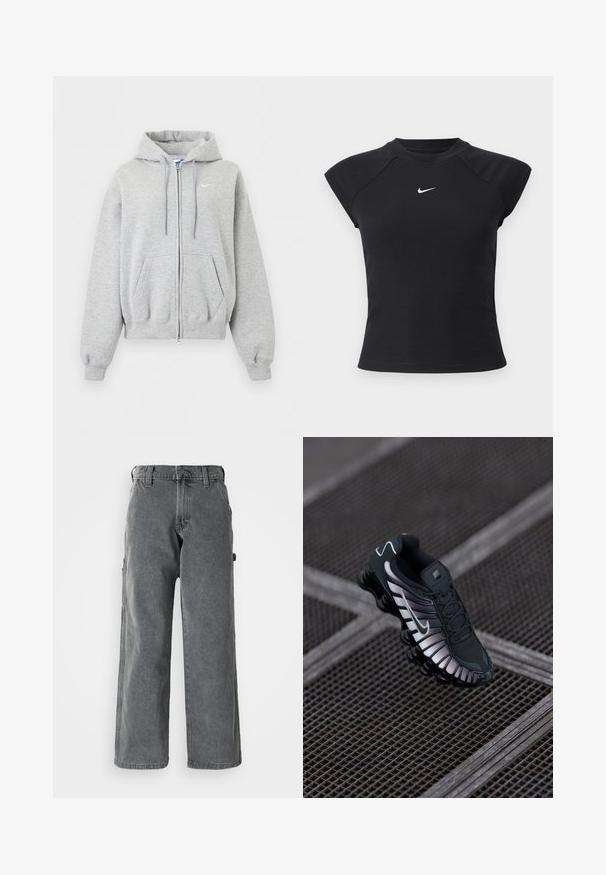 Svetlosivá mikina na zips s kapucňou, prednými vreckami, šnúrkou na kapucni, rebrovanými manžetami a spodným lemom a malým bielym logom Nike na hrudi.; Čierny top s krátkym rukávom so žíhanou textúrou, okrúhlym výstrihom a malým bielym logom Nike na hrudi.; Šedé široké cargo nohavice vyrobené z denimu, so bočnými vreckami, zapínaním na gombík a rovný fit. Tkanina má jemnú štruktúru.; Čierna atletická obuv s textúrovaným sieťovaným vrchným materiálom, striebornými akcentmi, podporou klenby a polstrovanou podrážkou s výrazným segmentovaným dizajnom.
