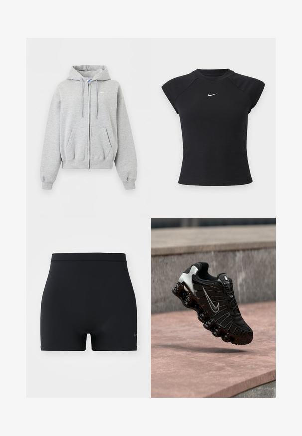 Svetlosivá mikina na zips s kapucňou, prednými vreckami, šnúrkou na kapucni, rebrovanými manžetami a spodným lemom a malým bielym logom Nike na hrudi.; Čierny top s krátkym rukávom so žíhanou textúrou, okrúhlym výstrihom a malým bielym logom Nike na hrudi.; Čierne športové šortky vyrobené z hladkého, elastického materiálu, s pásom strednej výšky a malým logom Nike na ľavej strane.; Čierna športová obuv s textúrovaným sieťovinovým zvrškom, striebornými akcentmi a hrubou, lesklou čiernou podrážkou so zaoblenými prvkami tlmiacimi nárazy.