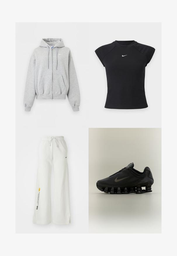 Lysegrå hættetrøje med lynlås foran, forlommer, snørrehætte, ribstrikkede manchetter og kant samt lille hvid Nike-logo på brystet.; Sort top med korte ærmer i ribbet tekstur, med rund halsudskæring og lille hvid Nike-logo på brystet.; Hvide, brede sweatsbukser med elastisk talje, snøre, sidespalter, sort Nike-logo og kontrasterende gul grafisk tekst.; Sort Nike-sneaker med lynlåsfunktion øverst og karakteristisk fjederlignende opdelt sål, vist i sideprofil mod en neutral baggrund.