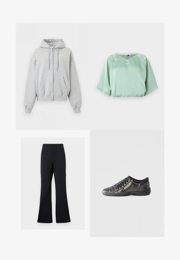 Helehall tulev lukuga pusas esitaskute, paeltega kapuutsi, soonikutega varruka- ja alaäärega ning väike valge Nike logo rinnal.; Mintroheline lühike sportlik top lühikeste laiade varrukatega, elastse vöökoha, valge äärega õlgadel ja väikese valge Nike logoga ees keskel.; Mustad laiad püksid pehmest kangast, millel on elastne vöökoht ja diskreetne küljetasku, omades siledat tekstuuri ja minimaalselt disaini.; Mustad mustad Nike'i spordijalats mustade nööpide ja tikanditega ning tekstuurse tallaga, valge ühtlase tausta peale.