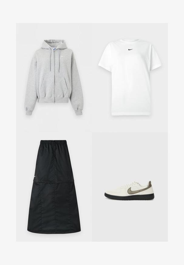Svetlosivá mikina na zips s kapucňou, prednými vreckami, šnúrkou na kapucni, rebrovanými manžetami a spodným lemom a malým bielym logom Nike na hrudi.; Biele tričko s krátkym rukávom a okrúhlym výstrihom, na ktorom je malé čierne logo Nike swoosh umiestnené tesne pod výstrihom.; Čierna športová sukňa vyrobená z ľahkej, hladkej nylonovej tkaniny. Má elastický pás a jednoduchý, dlhý, áčkový strih.; Nike Sportswear FIELD GENERAL - Tenisky - off-white/black
