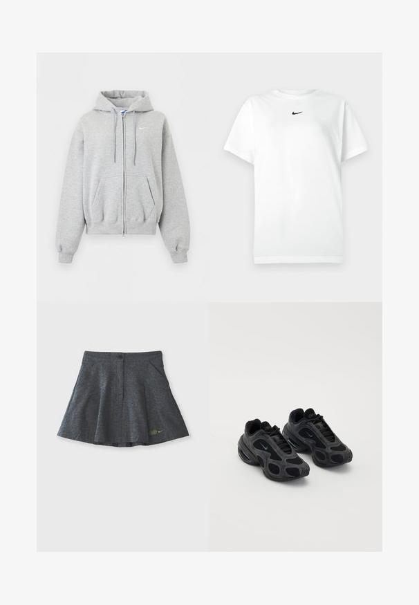 Helehall tulev lukuga pusas esitaskute, paeltega kapuutsi, soonikutega varruka- ja alaäärega ning väike valge Nike logo rinnal.; Valge lühikeste varrukatega T-särk ümmarguse kaelusega, millel on väikene must Nike'i logoga silt kaeluse all.; Hallide hallhalli, mis on valmistatud tekstureeritud kangast, millel on vöökoha nupuga sulgemine, kahe küljetasku ja jõhvikusildiga diskreetne tikand himmel.; Mustad mustad Nike spordijalatsid, millel on võrkpaneelid ja nahapaneelid, ainulaadsed lõikeavad ning pehmendatud kaelused. Küljel olevad läikivad aktsendid toovad esile kaasaegse disaini.
