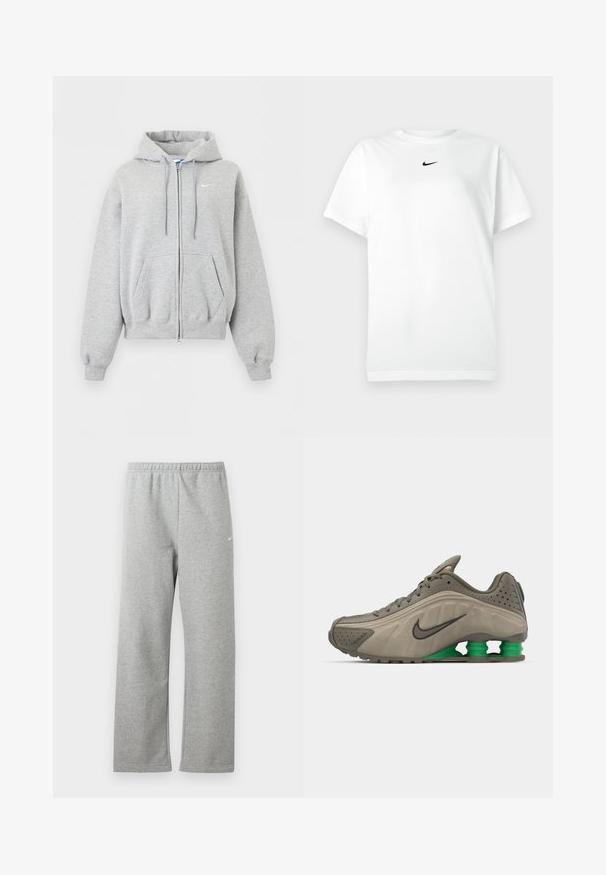 Svetlosivá mikina na zips s kapucňou, prednými vreckami, šnúrkou na kapucni, rebrovanými manžetami a spodným lemom a malým bielym logom Nike na hrudi.; Biele tričko s krátkym rukávom a okrúhlym výstrihom, na ktorom je malé čierne logo Nike swoosh umiestnené tesne pod výstrihom.; Svetlosivé tepláky s elastickým pásom a malým bielym logom Nike na hornej časti stehna, zobrazené na bielom pozadí.; Nike tenisky v olivovo zelenej farbe s hladkým povrchom, perforovanými detailmi, čiernymi akcentmi a zeleným polstrovaním na päte. Ľahký, aerodynamický dizajn.