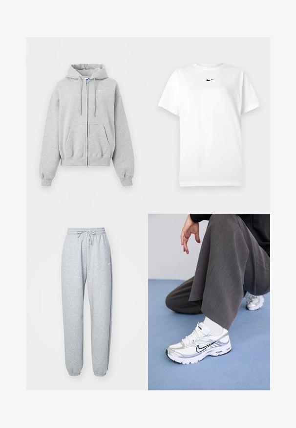 Helehall tulev lukuga pusas esitaskute, paeltega kapuutsi, soonikutega varruka- ja alaäärega ning väike valge Nike logo rinnal.; Valge lühikeste varrukatega T-särk ümmarguse kaelusega, millel on väikene must Nike'i logoga silt kaeluse all.; Heledad hallhalli pehmete puuvillasegistusega, millel on elastne vöökoht ja nöör, kitsenevad sääred ja ribakudumisega mansetid. Minim blown kaubamärgi detail.; Valged ja hõbedased spordijalatsid, mis on valmistatud võrgusilma ja sünteetilistest materjalidest ning millel on mustad aktsentjooned, paelad ja tekstuuriga tallad.