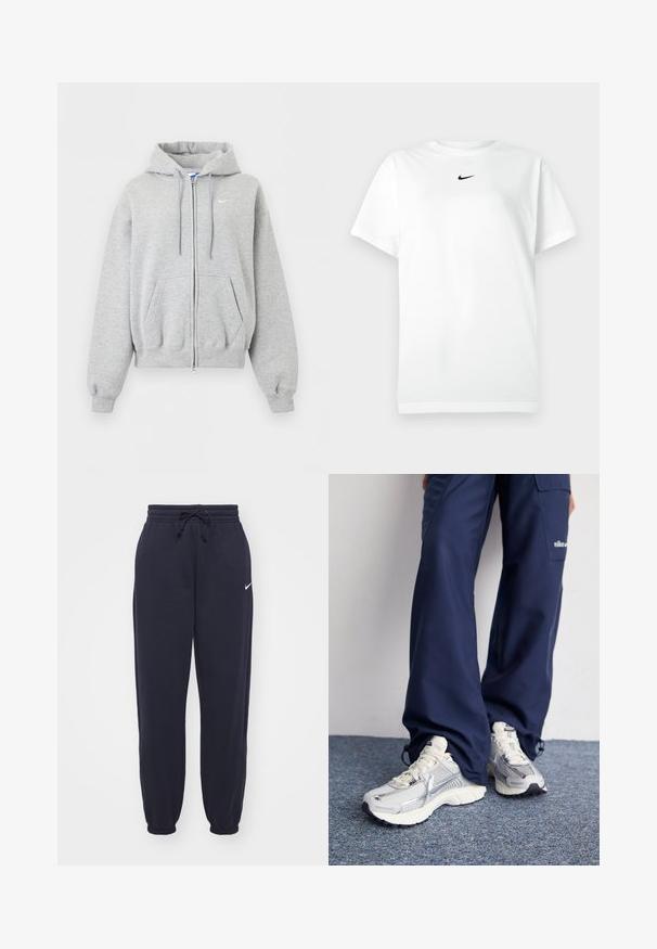 Svetlosivá mikina na zips s kapucňou, prednými vreckami, šnúrkou na kapucni, rebrovanými manžetami a spodným lemom a malým bielym logom Nike na hrudi.; Biele tričko s krátkym rukávom a okrúhlym výstrihom, na ktorom je malé čierne logo Nike swoosh umiestnené tesne pod výstrihom.; Nike tepláky v námornej modrej farbe, vyrobené z mäkkého materiálu. Obsahujú elastický pás s šnúrkou a sťahovacie nohavice. Malý biely logotyp ako akcent.; Športové topánky Nike s strieborným sieťovaným zvrškom, bielymi detailmi a textúrovanými podrážkami, skombinované s voľnými námorníckymi nohavicami.