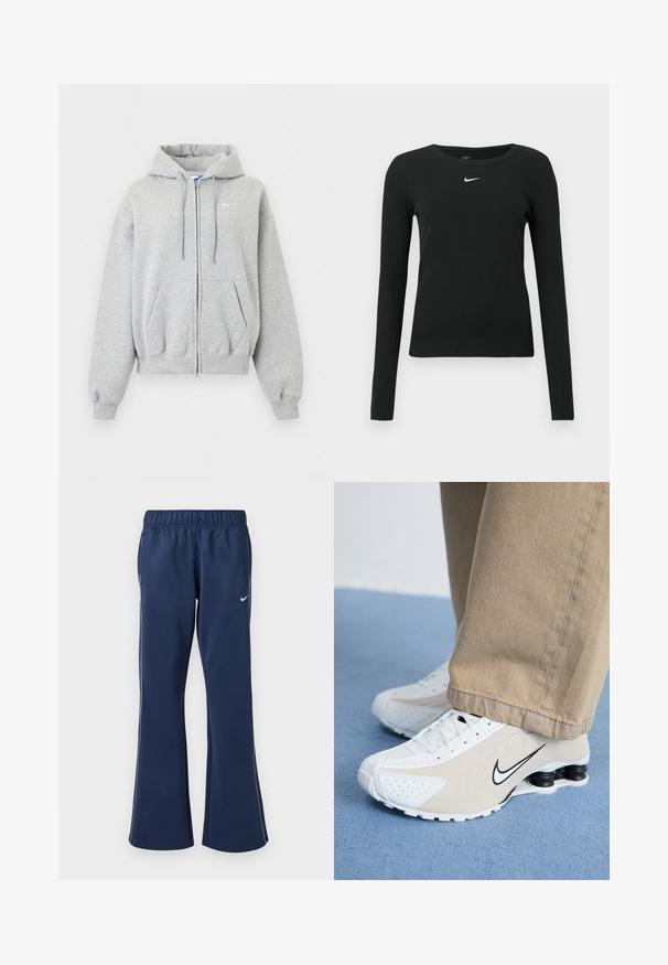 Lysegrå hættetrøje med lynlås foran, forlommer, snørrehætte, ribstrikkede manchetter og kant samt lille hvid Nike-logo på brystet.; Sort, langærmet tætsiddende top lavet af ribbet stof, med rund halsudskæring og et diskret hvidt Nike-logo på brystet.; Marineblå træningsbukser med flagrende bund, elastisk talje, sidelommer og hvidt Nike-logo på venstre lår. Glat stofstruktur.; Hvide og beige Nike sneakers med perforeret design, sort swoosh-logo, tekstureret overdel og en karakteristisk fjederlignende sort hæl.