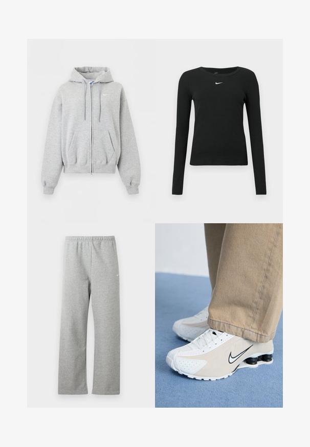 Hellgrauer Kapuzenpullover mit Reißverschluss vorne, Fronttaschen, Kordelzugkapuze, gerippten Bündchen und Saum und kleinem weißen Nike-Logo auf der Brust.; Schwarzes, eng anliegendes Langarmshirt aus Rippstoff, mit rundem Ausschnitt und einem dezenten weißen Nike-Logo auf der Brust.; Hellgraue Jogginghose mit elastischem Bund und kleinem weißen Nike-Logo am oberen Oberschenkel, auf weißem Hintergrund flach liegend dargestellt.; Weiße und beigefarbene Nike-Sneaker mit durchlöchertem Design, schwarzem Swoosh-Logo, strukturiertem Obermaterial und auffälliger, federnder schwarzer Ferse.