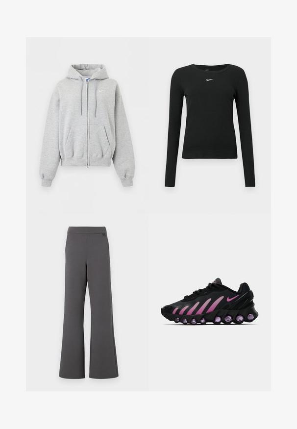 Sudadera con capucha y cremallera en gris claro, con bolsillos delanteros, capucha con cordón, puños y bajo ribeteados, y pequeño logo blanco de Nike en el pecho.; Camiseta negra ajustada de manga larga hecha de tela acanalada, con cuello redondo y un sutil logo blanco de Nike en el pecho.; Pantalones de pierna ancha grises hechos de una tela suave, con una cinturilla lisa y un sutil detalle de costura en la parte superior. Sin bolsillos visibles.; Zapatillas Nike negras y rosas con parte superior de malla, diseño curvado y amortiguación morada redondeada en la suela y los laterales.