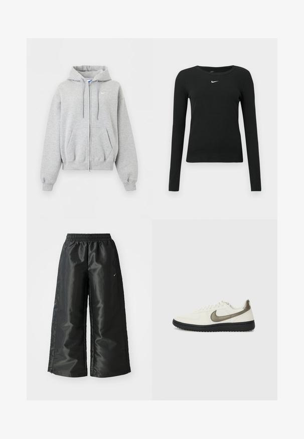 Helehall tulev lukuga pusas esitaskute, paeltega kapuutsi, soonikutega varruka- ja alaäärega ning väike valge Nike logo rinnal.; Must pikkade varrukatega lõhnav top soonelise kangaga, millel on ümmargune kaelus ja õrnal valgel Nike logol rinnal.; Mustad mustad sportsipüksid läikiva, siledaga kangaga, pa elastse vöökoha, laia sääre ja väikese logoga vasakul küljel.; Nike Sportswear FIELD GENERAL - Tossud - off-white/black