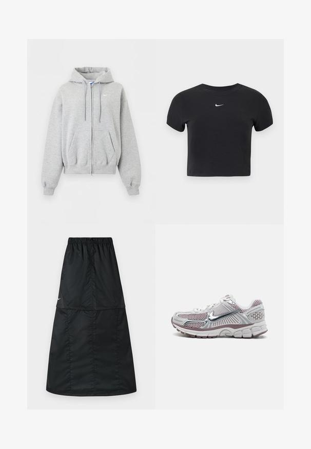 Lysegrå hættetrøje med lynlås foran, forlommer, snørrehætte, ribstrikkede manchetter og kant samt lille hvid Nike-logo på brystet.; Sort cropped t-shirt lavet af bomuld, med rund halsudskæring og korte ærmer. Bemærkelsesværdigt hvidt Nike-logo på brystet.; Sort atletisk nederdel lavet af let, glat nylonstof. Har elastisk taljebånd og et enkelt, langt, A-formet design.; Nike atletik sko med en hvid mesh-overdel med sølvaccenter, pink detaljer og en tyk, polstret, struktureret sål.