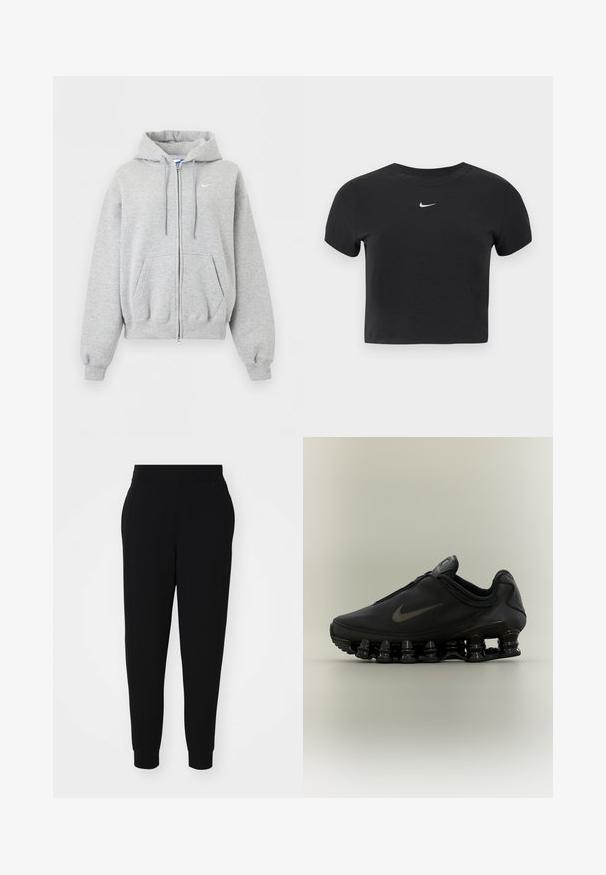 Lichtgrijze hoodie met ritssluiting, voorzakken, aantrekkoordje in de capuchon, geribde boorden en zoom en klein wit Nike-logo op de borst.; Zwart cropped t-shirt van katoen, met een ronde hals en korte mouwen. Opvallend wit Nike-logo op de borst.; Zwarte joggerbroek van zacht materiaal, met een toelopende pijp, elastische tailleband en geribde boorden met zijnaad voor een verfijnde uitstraling.; Zwarte Nike-sneaker met een bovendeel met ritssluiting en een kenmerkende veerachtige, gesegmenteerde zool, weergegeven in zijaanzicht op een neutrale achtergrond.