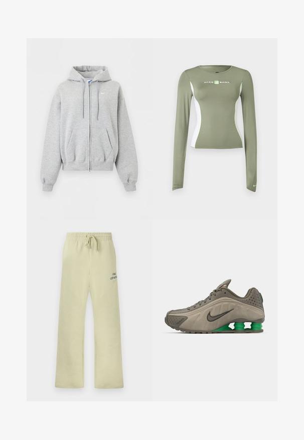 Hellgrauer Kapuzenpullover mit Reißverschluss vorne, Fronttaschen, Kordelzugkapuze, gerippten Bündchen und Saum und kleinem weißen Nike-Logo auf der Brust.; Olivgrünes Nike Shox Langarmshirt mit weißen Seitenteilen und neongrünen Akzenten, figurnahe Passform und kleinem Swoosh-Logo am Ärmelbündchen.; Beige Nike-Sweathosen mit elastischem Bund, Kordelzug, lockerem Schnitt und dem Schriftzug "nike athletics" mit Swoosh-Logo am linken Oberschenkel.; Nike-Sneaker in Olivgrün mit glattem Obermaterial, gestanzten Details, schwarzen Akzenten und grüner Fersenpolsterung. Leichtes, straffes Design.