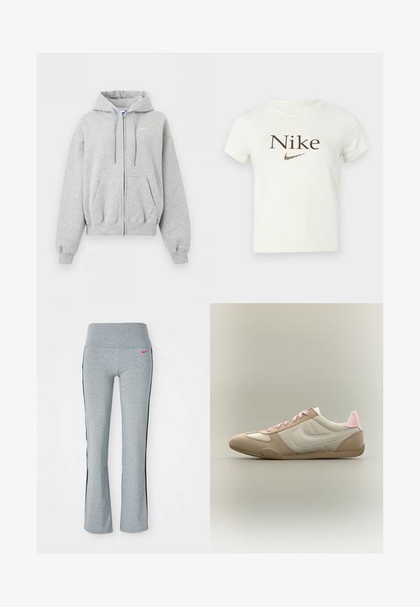 Hellgrauer Kapuzenpullover mit Reißverschluss vorne, Fronttaschen, Kordelzugkapuze, gerippten Bündchen und Saum und kleinem weißen Nike-Logo auf der Brust.; Weiße kurzärmelige Cropped-T-Shirt mit braunem "Nike"-Text und einem Leopardenmuster für das Nike-Swoosh-Logo auf der Brust.; Graue Sporthose mit breitem Bund, versehen mit einem roten Nike-Logo und schwarzen Seitestreifen. Hergestellt aus weichem, dehnbarem Material.; Niedrig geschnittener beige-weißer Sneaker mit pinken Schnürsenkeln und Fersen-Akzent, zeigt das Nike-Logo an der Seite vor einem einfarbigen Hintergrund.