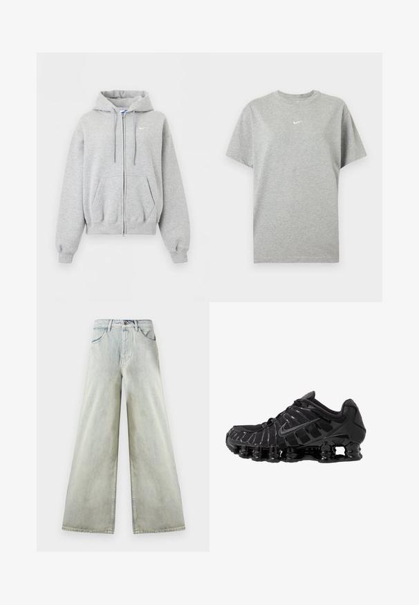 Lysegrå hættetrøje med lynlås foran, forlommer, snørrehætte, ribstrikkede manchetter og kant samt lille hvid Nike-logo på brystet.; Grå kortærmet bomuld T-shirt med rund hals og lille hvid Nike swoosh logo centreret på brystet.; Højtaljede, lyse, vidde-bens denimjeans med forlommer, bæltestropper og en brun knaplukning ved taljen.; Sort atletisk sko med mesh-overdel og glatte overlays. Har buet spiralbøsningsdæmpning og strukturerede linjer på siden. Nike-logoet er synligt.