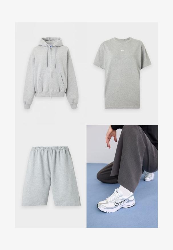 Hellgrauer Kapuzenpullover mit Reißverschluss vorne, Fronttaschen, Kordelzugkapuze, gerippten Bündchen und Saum und kleinem weißen Nike-Logo auf der Brust.; Graues kurzärmeliges Baumwoll-T-Shirt mit Rundhalsausschnitt und kleinem weißen Nike-Swoosh-Logo mittig auf der Brust.; Hellgraue knielange Sportshorts mit elastischem Bund und kleinem weißem Logo am linken Bein.; Weiße und silberne Sportschuhe aus Mesh- und Synthetikmaterialien, mit schwarzen Akzentlinien, Schnürsenkeln und strukturierten Sohlen.