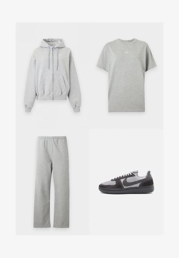 Svetlosivá mikina na zips s kapucňou, prednými vreckami, šnúrkou na kapucni, rebrovanými manžetami a spodným lemom a malým bielym logom Nike na hrudi.; Šedé bavlnené tričko s krátkym rukávom, okrúhlym výstrihom a malým bielym logom Nike swoosh v strede na hrudi.; Svetlosivé tepláky s elastickým pásom a malým bielym logom Nike na hornej časti stehna, zobrazené na bielom pozadí.; Nízke tenisky s šedou sieťovinou, čiernymi textúrovanými vrstvami, čiernou podrážkou, bielymi šnúrkami a čiernym logom Nike na boku.