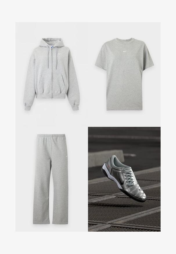 Lysegrå hættetrøje med lynlås foran, forlommer, snørrehætte, ribstrikkede manchetter og kant samt lille hvid Nike-logo på brystet.; Grå kortærmet bomuld T-shirt med rund hals og lille hvid Nike swoosh logo centreret på brystet.; Lysegrå joggingbukser med elastisk talje og lille hvidt Nike-logo på øverste lår, vist fladt mod en hvid baggrund.; Sølv Nike sko med en glat finish, der har et snørebåndsdesign og en sort ydersål. Tekstureret overdel med subtile accenter og logo.