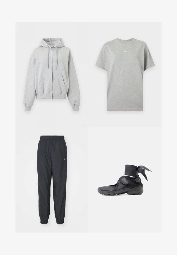 Helehall tulev lukuga pusas esitaskute, paeltega kapuutsi, soonikutega varruka- ja alaäärega ning väike valge Nike logo rinnal.; Hall lühikeste varrukatega puuvillane T-särk ümara kaelusega ja väikese valge Nike swoosh logo rinnal keskel.; Mustad Nike spordipüksid, mis on valmistatud kergest kangast, elastse vöökoha ja mansettidega, vasaku jala peal on väike valge logo.; Must sportlik kets lõhikute, takjakinnituste ja pahkluu ümber seotud paelaga, vaadatuna küljelt valgel taustal.