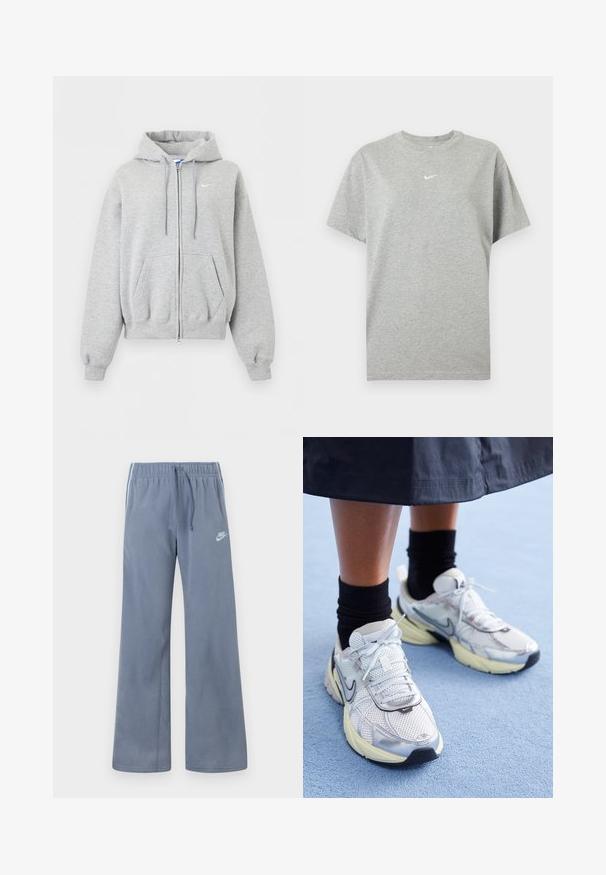 Sweat à capuche gris clair zippé avec poches avant, capuche à cordon, poignets et bas en côte, et petit logo Nike blanc sur la poitrine.; T-shirt gris en coton à manches courtes avec col rond et petit logo Nike swoosh blanc centré sur la poitrine.; Pantalons de survêtement Nike en polaire bleu clair avec taille élastique, cordon de serrage, jambes larges et logo blanc sur la cuisse gauche.; Baskets Nike blanches et argentées avec tissu en maille, accents réfléchissants et semelle beige. Portées avec des chaussettes noires, se tenant sur une surface bleue.