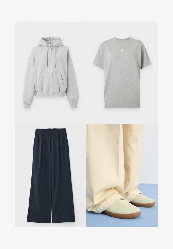 Helehall tulev lukuga pusas esitaskute, paeltega kapuutsi, soonikutega varruka- ja alaäärega ning väike valge Nike logo rinnal.; Hall lühikeste varrukatega puuvillane T-särk ümara kaelusega ja väikese valge Nike swoosh logo rinnal keskel.; Tumedat laiad püksid, mis on valmistatud pehmest kangast; sisaldavad elastset vöökohta ja kahte küljetaskut mugavuse tagamiseks.; Roheline sametist spordijalatsid ümarate varvastega ja tekstuursete talladega, koos laiadest beežidest pükstest, sinisel pinnal.