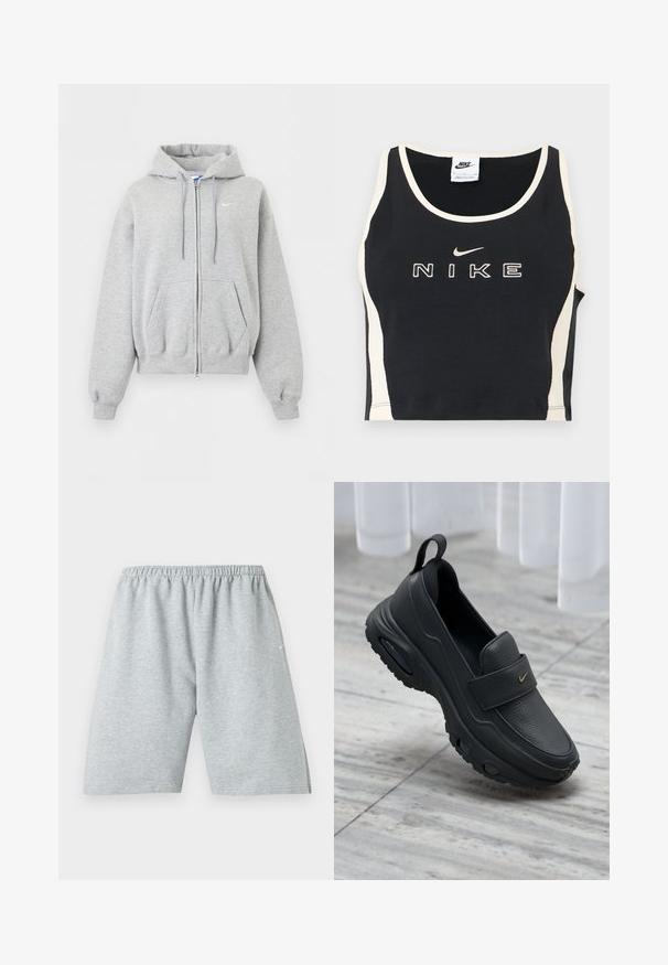 Lysegrå hættetrøje med lynlås foran, forlommer, snørrehætte, ribstrikkede manchetter og kant samt lille hvid Nike-logo på brystet.; Sort ærmeløs crop top med hvidt kantbånd og sidepaneler, med hvid Nike-tekst og swoosh-logo centreret foran.; Lysegrå, knælange sportsshorts med elastisk talje og lille hvidt logo på venstre ben.; Sort læder slip-on sko med flad sål, tekstureret finish, polstret overdel og guldfarvet logo-accent. Designet for komfort og nem påtagning.