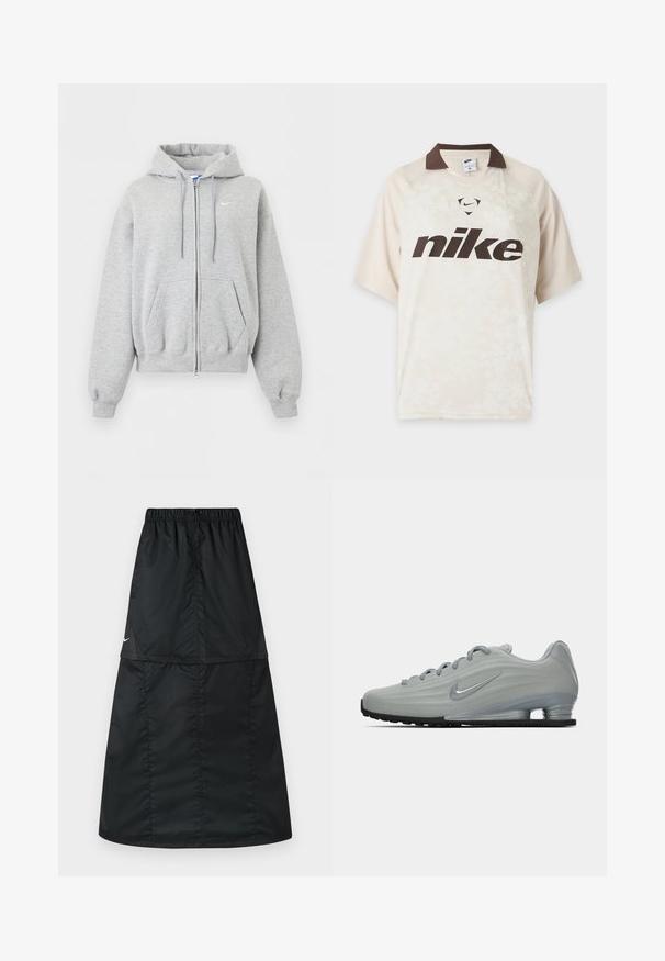 Lichtgrijze hoodie met ritssluiting, voorzakken, aantrekkoordje in de capuchon, geribde boorden en zoom en klein wit Nike-logo op de borst.; Lichtbeige Nike shirt met korte mouwen, donkerbruine kraag en groot donkerbruin Nike-logo aan de voorkant.; Zwarte sportieve rok van lichtgewicht, glad nylonstof. Voorzien van een elastische tailleband en een eenvoudig, lang A-lijnmodel.; Zijaanzicht van een lichtgrijze Nike sneaker met veters, een swoosh-logo en een doorzichtige schokdempende zool op een effen achtergrond.