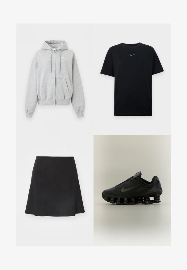 Helehall tulev lukuga pusas esitaskute, paeltega kapuutsi, soonikutega varruka- ja alaäärega ning väike valge Nike logo rinnal.; Mustast puuvillast T-särk ümara kaelusega ja lühikeste varrukatega. Rinnal keskel on väike valge Nike logo. Pehme tekstuur.; Mustriva must kollane mini-seelik, millel on laienev ääreosa, tekstureeritud pind ja istuv vöö, valmistatud venivast kangast.; Must Nike tennisejalats lukuga pealisega ja iseloomuliku kevadise jaotusega tallaga, nähtud küljelt neutraalsel taustal.