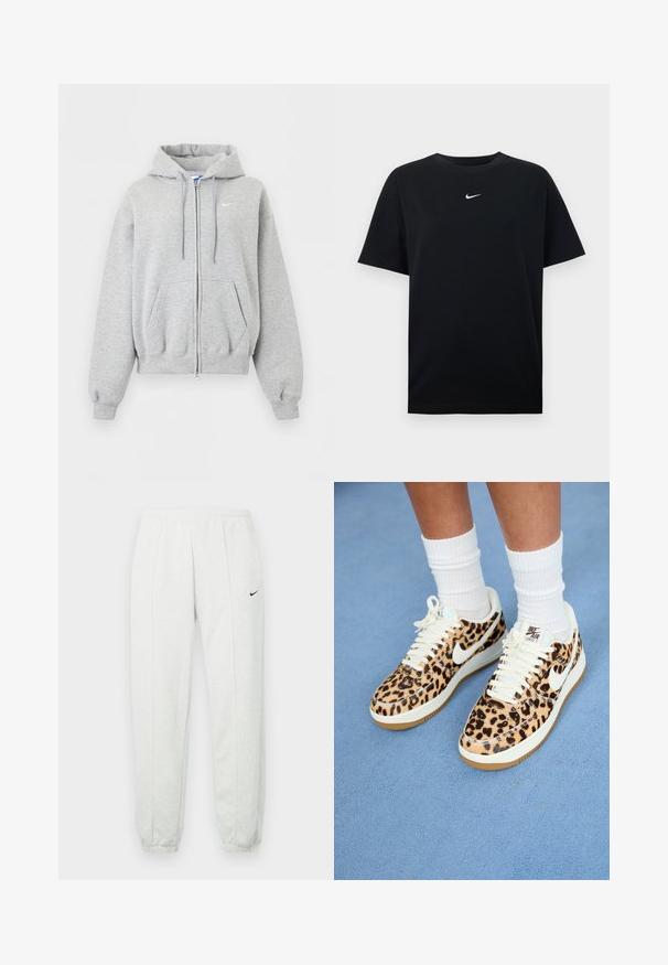 Lichtgrijze hoodie met ritssluiting, voorzakken, aantrekkoordje in de capuchon, geribde boorden en zoom en klein wit Nike-logo op de borst.; Zwart katoenen T-shirt met een ronde hals en korte mouwen. Voorzien van een klein wit Nike-logo in het midden van de borst. Gladde textuur.; Lichtgrijze Nike joggingbroek met een elastische tailleband, taps toelopende boorden en een klein zwart logo op de linker dij. Zachte, gestructureerde stof.; Nike Air Force 1 sneakers met luipaardprint, witte veters en swoosh, met een tan rubberen buitenzool en een gestructureerde bovenkant. Witte crew-sokken zichtbaar.