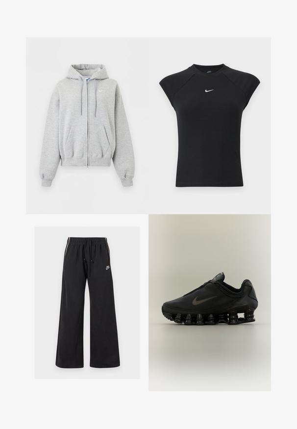 Lysegrå hættetrøje med lynlås foran, forlommer, snørrehætte, ribstrikkede manchetter og kant samt lille hvid Nike-logo på brystet.; Sort ærmeløs ribstrikket Nike top med rund hals og hvid Swoosh-logo centreret på brystet.; Sorte sweatpants lavet af blødt stof, med en elastisk talje og snøre, sidestriber og et lille logo på venstre front.; Sort Nike-sneaker med lynlåsfunktion øverst og karakteristisk fjederlignende opdelt sål, vist i sideprofil mod en neutral baggrund.