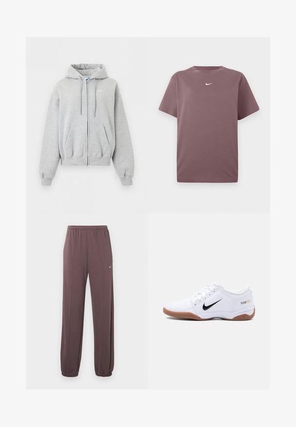 Lysegrå hættetrøje med lynlås foran, forlommer, snørrehætte, ribstrikkede manchetter og kant samt lille hvid Nike-logo på brystet.; En ensfarvet mauve kortærmet crewneck t-shirt med en lille hvid Nike swoosh centreret på brystet, præsenteret på hvid baggrund.; Brune sweatpants med elastisk talje, sidelommer, elastiske manchetter og et lille hvidt Nike-logo på den øverste venstre lår.; Hvid Nike Total 90 III indendørs fodboldstøvle med sort swoosh-logo og gummisål, vist fra siden på en ensfarvet baggrund.