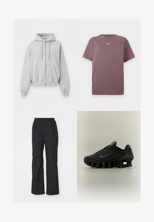 Lysegrå hættetrøje med lynlås foran, forlommer, snørrehætte, ribstrikkede manchetter og kant samt lille hvid Nike-logo på brystet.; En ensfarvet mauve kortærmet crewneck t-shirt med en lille hvid Nike swoosh centreret på brystet, præsenteret på hvid baggrund.; Sorte, letvægtsbukser med elastisk talje og snøre. Har en tekstureret overflade og et lille reflekterende logo på siden.; Sort Nike-sneaker med lynlåsfunktion øverst og karakteristisk fjederlignende opdelt sål, vist i sideprofil mod en neutral baggrund.