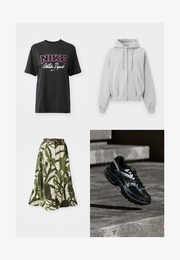 Sweat à capuche gris clair zippé avec poches avant, capuche à cordon, poignets et bas en côte, et petit logo Nike blanc sur la poitrine.; T-shirt en coton noir avec un imprimé graphique en rose et blanc portant les textes "JUST DO IT", "NIKE" et "Athletic Depart." Coupe standard.; Jupe longue avec un motif de cactus dans des teintes de vert et de crème, dotée d'une taille cintrée et d'une ceinture marron pour le maintien.; Chaussure de running Nike noire et argent flottant au-dessus de marches en béton, montrant un design détaillé et une semelle texturée en extérieur.