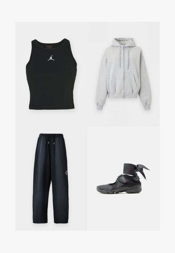 Lysegrå hættetrøje med lynlås foran, forlommer, snørrehætte, ribstrikkede manchetter og kant samt lille hvid Nike-logo på brystet.; Sort tætsiddende tanktop lavet af bomuld, med rund udskæring og et hvidt Jordan-logo syet på fronten i midten. Glat tekstur.; Sorte sweatpants med elastisk talje og snor. Har sidelommer og et logo i rød og hvid på venstre ben. Blødt stof.; Sort atletiksko med udskæringer, velcrolukninger og ankelrem bundet i en sløjfe, vist fra siden på en hvid baggrund.